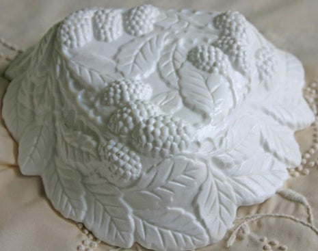 Westmoreland Milk Glass Bowl. Triangle Bowl with Embossed Blackberries and Leaves Pattern and Scalloped Rim.