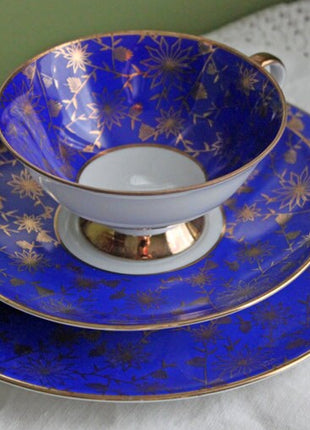 Antique Bavarian Cup , Saucer , Dessert Plate. Ebenthal Gold Pattern over Cobalt Blue Background , 2642.