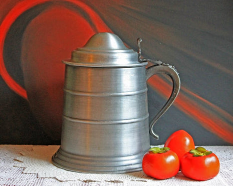 Pewter or Aluminum Vintage Ice Bucket with Lid & Ornate Handle & Plastic Insert