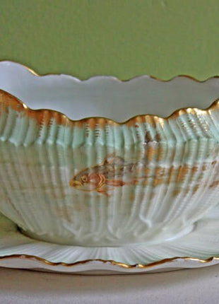 Redon Limoges Porcelain Gravy Boat with Handle and Attached Plate. Rare Shell Shape Serving Sauce Dish with Hand Painted Fish. MR Limoges.