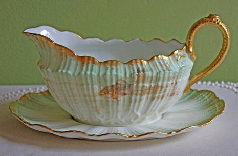 Redon Limoges Porcelain Gravy Boat with Handle and Attached Plate. Rare Shell Shape Serving Sauce Dish with Hand Painted Fish. MR Limoges.