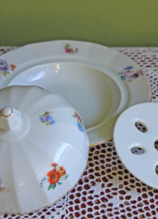 Butter Bowl with Lid and Reticulated Disk Insert. Fine Porcelain Floral Pattern Seving Butter Dish. Serving Dish Made in Germany.