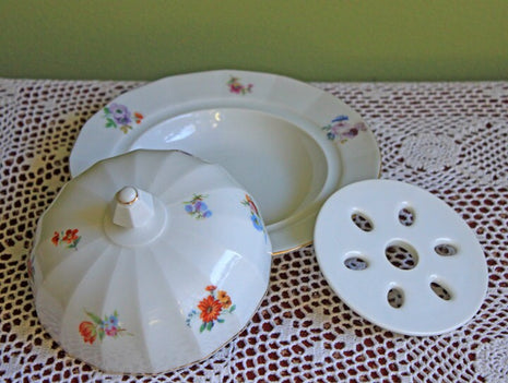 Butter Bowl with Lid and Reticulated Disk Insert. Fine Porcelain Floral Pattern Seving Butter Dish. Serving Dish Made in Germany.
