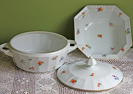 Lidded Tureen and Bowl Set.  Octagonal Floral Pattern Bowls.