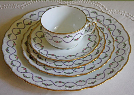 Antique Limoges Porcelain Serving Set. Dinner Plate, Salad Plate, Dessert Plate, and Tea Set. Pommard Set by Royal Limoges, France.