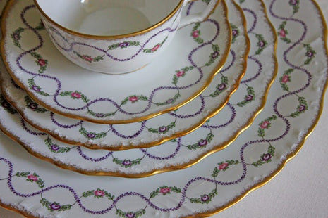 Antique Limoges Porcelain Serving Set. Dinner Plate, Salad Plate, Dessert Plate, and Tea Set. Pommard Set by Royal Limoges, France.