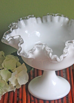 Fenton Milk Glass Footed Bowl with Silver Crest Ruffled Edge. Milk Glass Collectible Compote by Fenton.