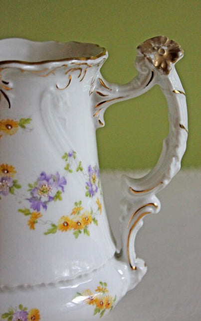 Antique Austrian Creamer with Hand Painted Tiny Flowers, Scalloped Rim, Intricate Handle. CT