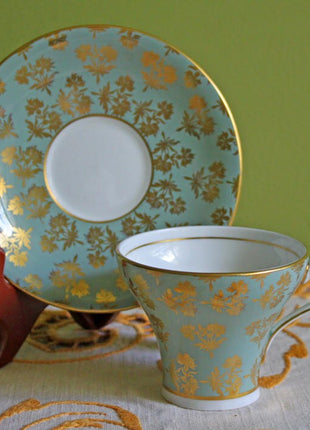 Antique Aynsley Tea Cup and Saucer. Green and Gold Bone China Tea Set. Made in England , C2457.
