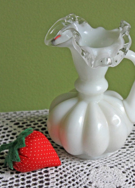 Fenton Melon Shapee Pitcher with Silvercrest Ruffled Rim and Ribbed Pattern