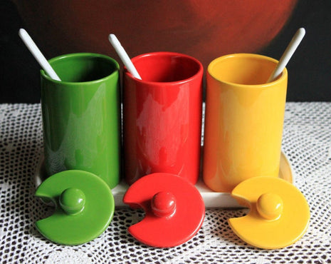 Condiment Jars with Lids , Spoons , and Tray. Containers for Serving Jam, Honey , or Ketchup. Modern Porcelain Kitchen Containers on Tray.