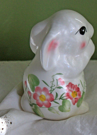 Hand Painted Bunny Rabbit with Flowers Figurine by Sadek