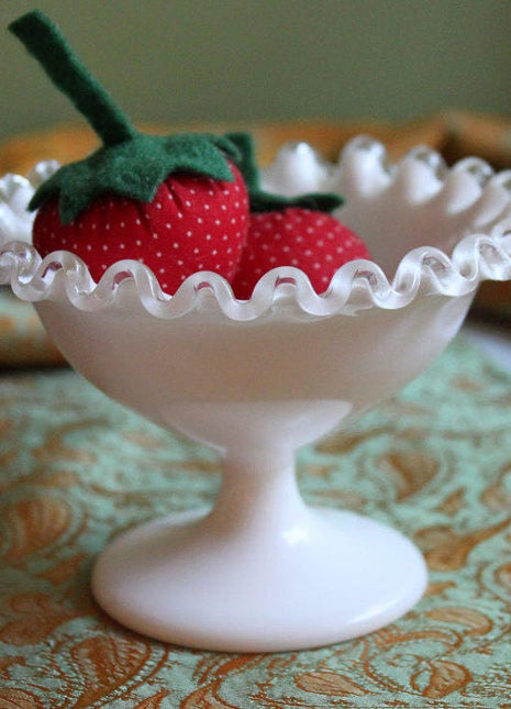 Fenton Silvercrest Milk Glass Footed Bowl with Clear Glass Ruffled Edge