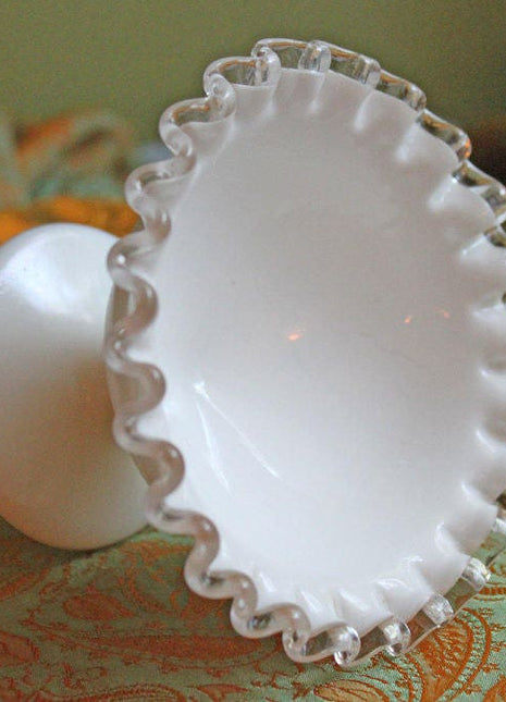 Fenton Silvercrest Milk Glass Footed Bowl with Clear Glass Ruffled Edge