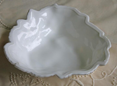 Westmoreland Milk Glass Bowl. Triangle Bowl with Embossed Blackberries and Leaves Pattern and Scalloped Rim.