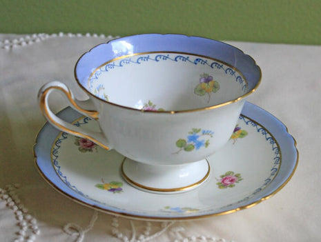 Antique Shelley Cup and Saucer - Blue Rim & Flowers Pattern