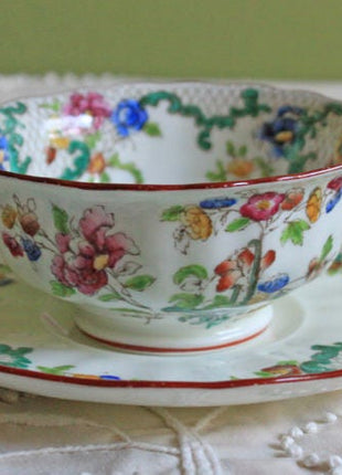 Antique Royal Cauldon Tea Cup and Saucer. Floradora Red Rim Cup and Saucer Made in England, Number 9617. European Porcelain Cup and Saucer.