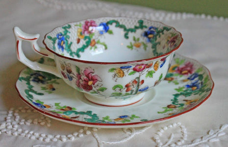 Antique Royal Cauldon Tea Cup and Saucer. Floradora Red Rim Cup and Saucer Made in England, Number 9617. European Porcelain Cup and Saucer.
