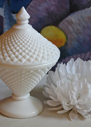 Milk Glass Bowl with Lid. Diamond Pattern, Cone Shaped Bowl with Cover. Trinket Compote for Dresser Top, Bathroom Accesories, Candy Dish.