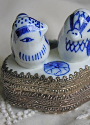 Silver Plated Box with Porcelain Lid. Ornate Container With Blue and White Birds on Cover.