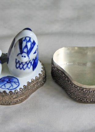 Silver Plated Box with Porcelain Lid. Ornate Container With Blue and White Birds on Cover.
