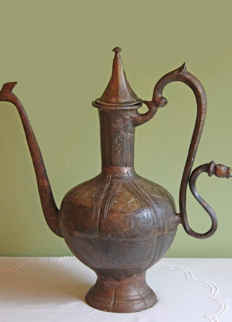 Antique Aftaba Pot. Extra Large Hand Hammered Bronze Pot with Amazing Shapes and Decorative Elements.