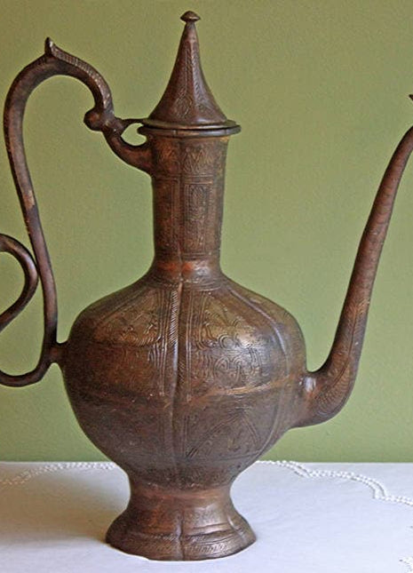 Antique Aftaba Pot. Extra Large Hand Hammered Bronze Pot with Amazing Shapes and Decorative Elements.