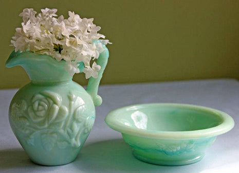 Green Milk Glass Small Pitcher with Stopper and Bowl.  Avon Mint Green Glass  Bowl and Pitcher with Embossed Roses. Collectible Avon.