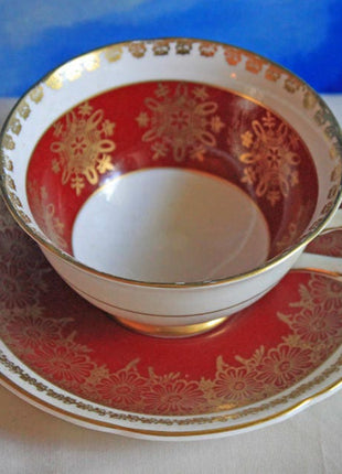 Antique Royal Grafton Porcelain Teacup and Saucer. Bone China with Scalloped Gold Rim, Decor and Handle.  Tea Coffee Serving Cup Set, K1665