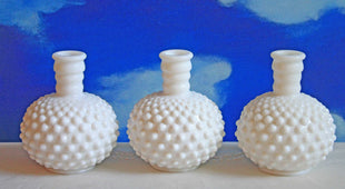 Milk Glass Hobnail Bottles or Vases. Set of Three Bubble Shaped Bottles or Vases.