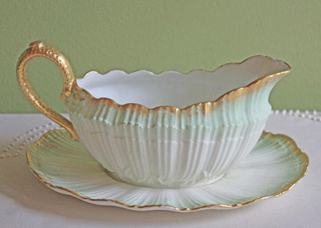Redon Limoges Porcelain Gravy Boat with Handle and Attached Plate. Rare Shell Shape Serving Sauce Dish with Hand Painted Fish. MR Limoges.