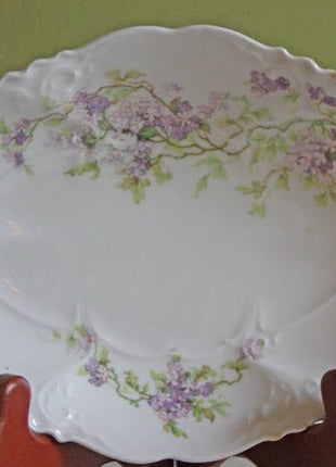 Antique Austrian Porcelain Oval Bowl Embossed with Scalloped Rim & Lavender Flowers