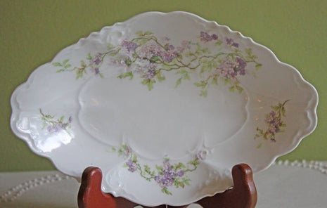 Antique Austrian Porcelain Oval Bowl Embossed with Scalloped Rim & Lavender Flowers