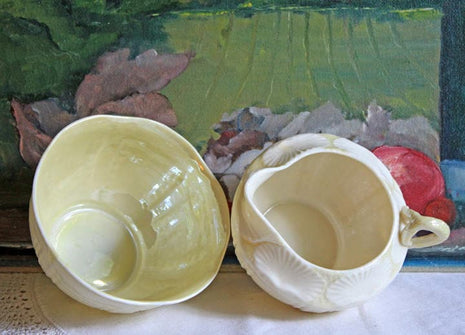 Belleek Porcelain Creamer and Open sugar Bowl. Belleek Sea Shell Pattern Sugar Bowl and Creamer Made of Thin Porcelain in Ireland. Reg 0857.