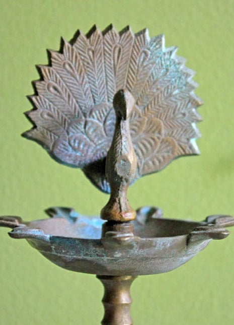 Antique Brass Diya Oil Lamp with Elephants and Peacock