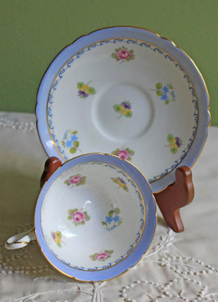 Antique Shelley Cup and Saucer - Blue Rim & Flowers Pattern