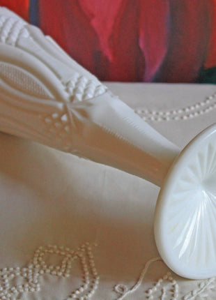 Milk Glass Vase with Diamond and Fan Pattern and Double Scalloped Rim