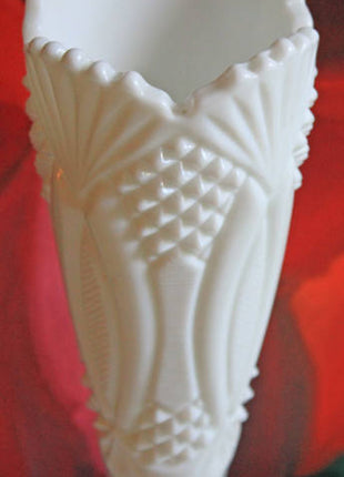 Milk Glass Vase with Diamond and Fan Pattern and Double Scalloped Rim