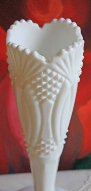 Milk Glass Vase with Diamond and Fan Pattern and Double Scalloped Rim