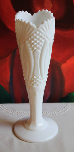 Milk Glass Vase with Diamond and Fan Pattern and Double Scalloped Rim