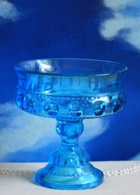 Blue Glass Footed Bowl - Thumb Print Pattern