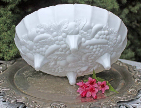 Milk Glass Large Oval Bowl with Four Feet.  Fruit  Pattern, Scalloped Rim Serving Bowl.  Collector Items or Wedding Reception Dishes.