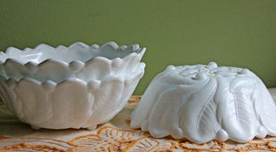 Large Milk Glass Bowl with Lotus Flowers and Leaves