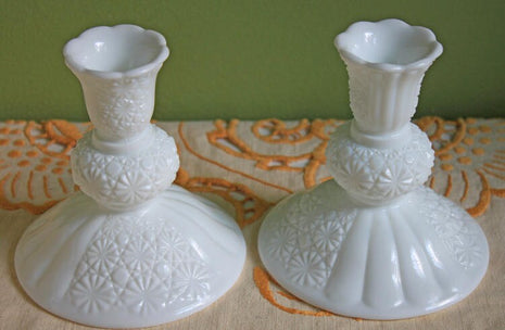 2 Milk Glass Candle Candle Holders with Rib & Daisies Pattern