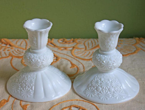 2 Milk Glass Candle Candle Holders with Rib & Daisies Pattern