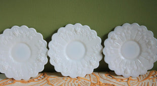 Westmoreland Milk Glass Replacement Saucer. Saucer with Scalloped Rim and Embossed Grapes, Leaves and Ribs Pattern. Small Milk Glass Plate