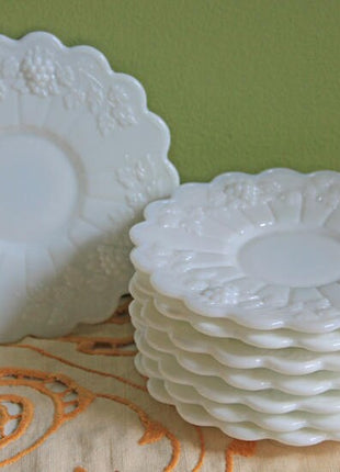 Westmoreland Milk Glass Replacement Saucer. Saucer with Scalloped Rim and Embossed Grapes, Leaves and Ribs Pattern. Small Milk Glass Plate