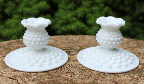 Pair of Fenton Hobnail Milk Glass Candle Sticks Holders