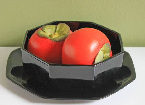 Black Glass Octagonal Bowls and Plates. Set of Six Bowls and Six Plates. Modern Dishes Made in France.