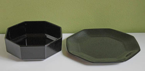 Black Glass Octagonal Bowls and Plates. Set of Six Bowls and Six Plates. Modern Dishes Made in France.